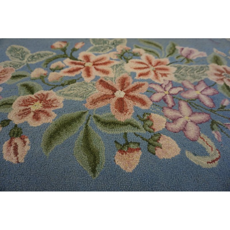 Tapis bleu clair rétro à motif floral Mid-Century