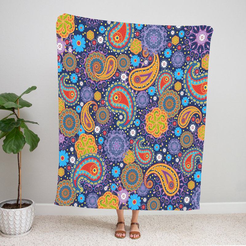 Jeté , L 50 po x L 60 po, Orange / mauve / bleu, Motif cachemire