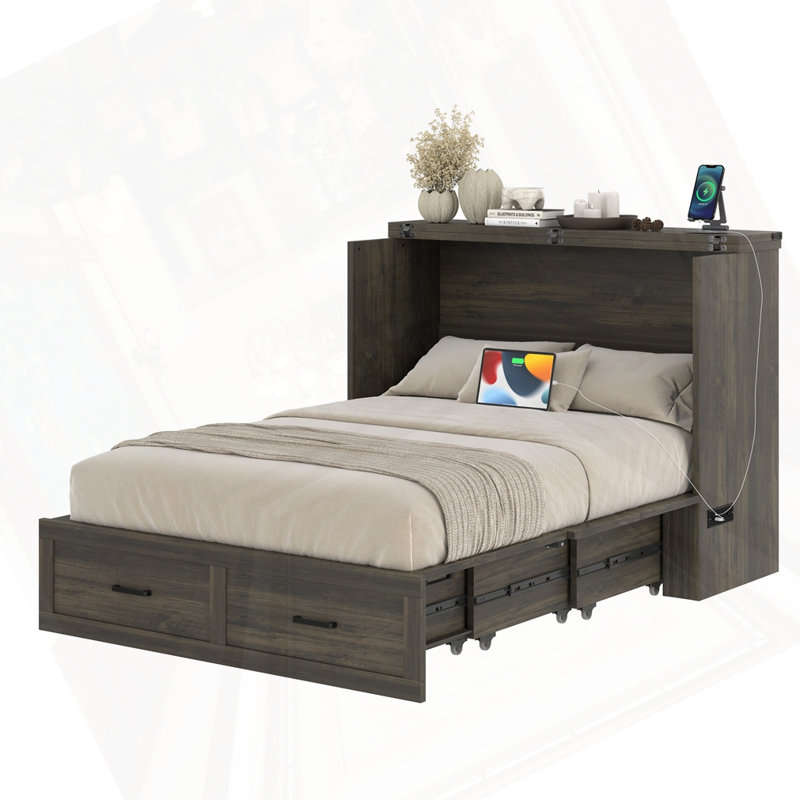 Lit plateforme multi-fonctionnel pliable avec tiroir, gris, Double