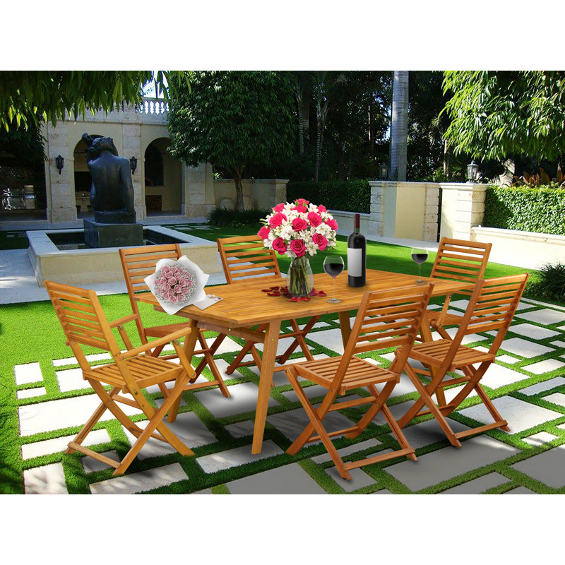 7 Piece Patio Bistro Dining Set Consist of a Rectangle Outdoor Acacia Wood Table and 2 Folding Arm Chairs with 4 Side Chairs, 40x72 Inch, Natural Oil