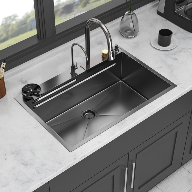 Gunmetal Black Drop-In Waterfall Kitchen Sink 33*22 Inch 16 Gauge Stainless Steel With Pull-Out Faucet, Cup Washer & Cutting Board T304 33X22x10 Function, Drain Assembly Dish Grid
