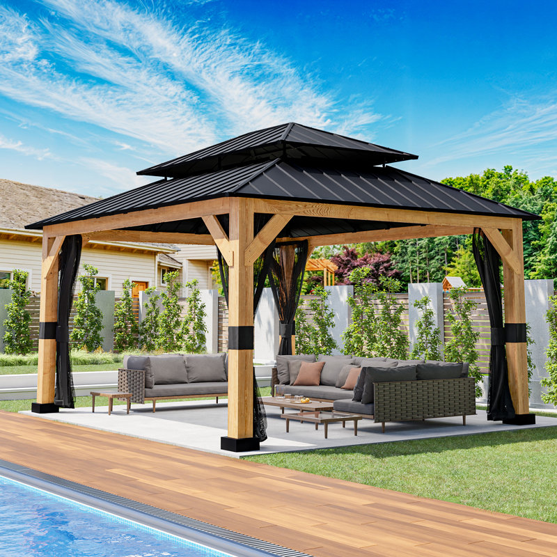 13 Ft. W x 11 Ft. D Solid Wood Patio Gazebo With Mosquito Netting