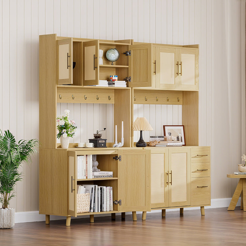 Armoire-buffet de 71 po de hauteur avec rangement, buffet autoportant avec huche et porte en rotin, 3 tiroirs, 6 crochets, tablettes réglables, comptoir à micro-ondes pour le salon