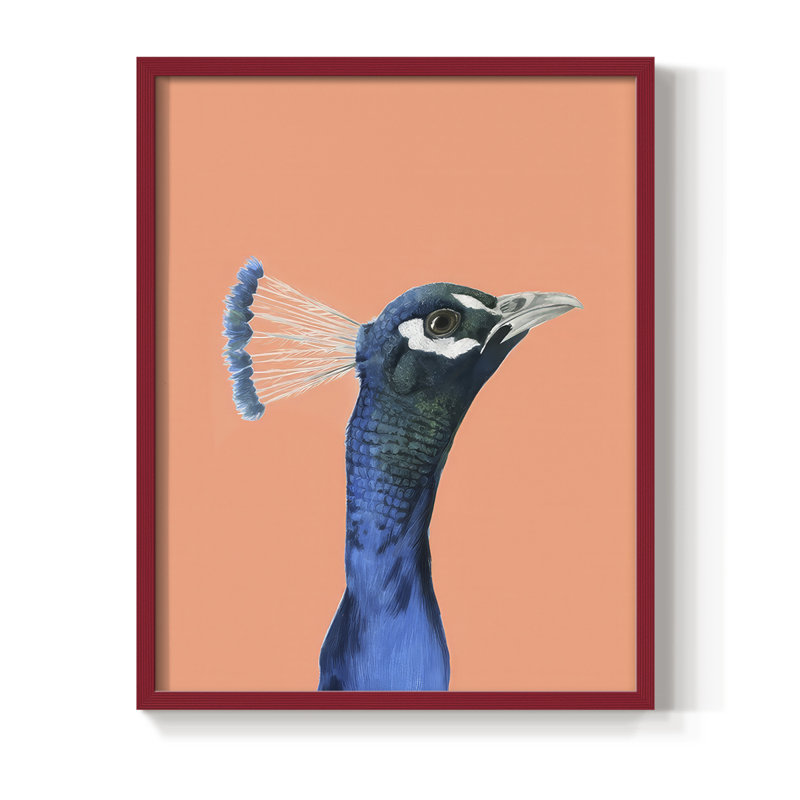 «Peach Peacock Portrait I», reproduction encadrée - bois massif, H 30 po x l 24 po, Rouge