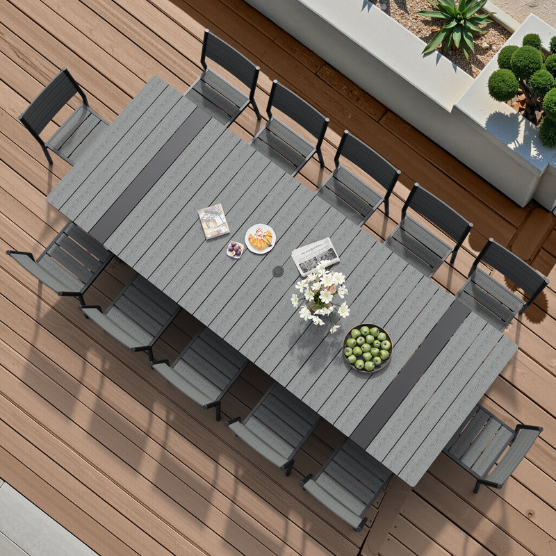 12 - Person Aluminum Rectangular Outdoor Dining Set with Umbrella Hole and Stackable Chairs, Gray