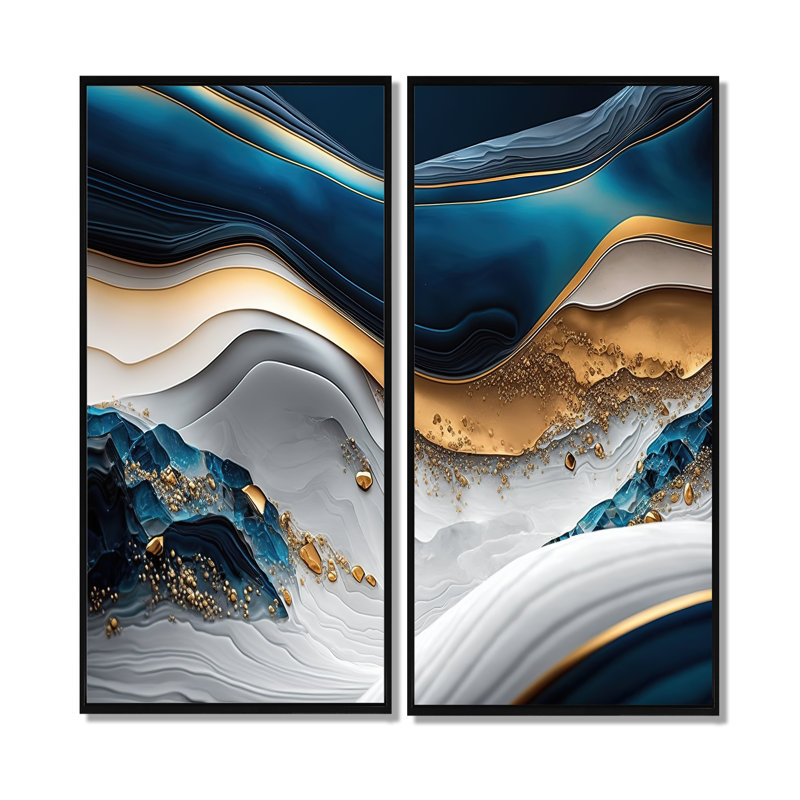 «Abstract Geode Waves Blue II», reproductions d'art sur toile bleues, 40" H x 40" W, Impression encadrée flottante, Black