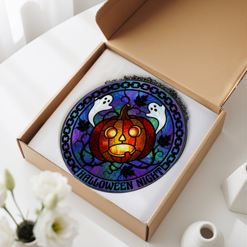 12"H Pumpkin Ghost Stained Glass Window Panel