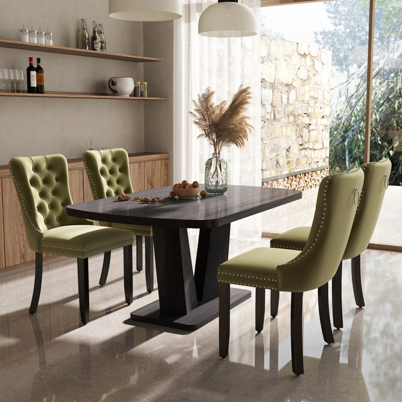 Ensemble de salle à manger à piédestal rectangulaire avec chaise capitonnée, 5, Vert olive, Gris