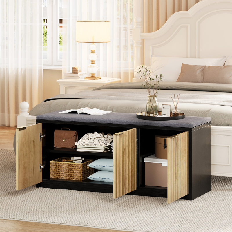 2-Tier Storage Bench With Vertical Slatted Doors, Nature Wood