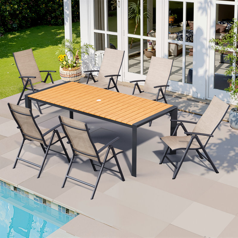 6 - Person Outdoor Dining Set with Adjustable Folding Chairs and Umbrella Hole