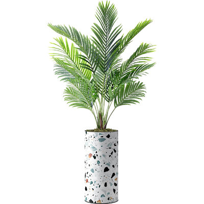 Arbres artificiels Palmier Areca avec vase de peinture bleu marine, brun clair et blanc à motifs géométriques Minimalisme Zen multicolore ultra pour salon, chambre à coucher, bureau - grand 4,25 pieds (51 po)