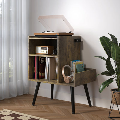 Dark Walnut Vinyl Record Storage Stand With Audio Shelf And Built-In Power Outlet For Living Room by Latitude Run