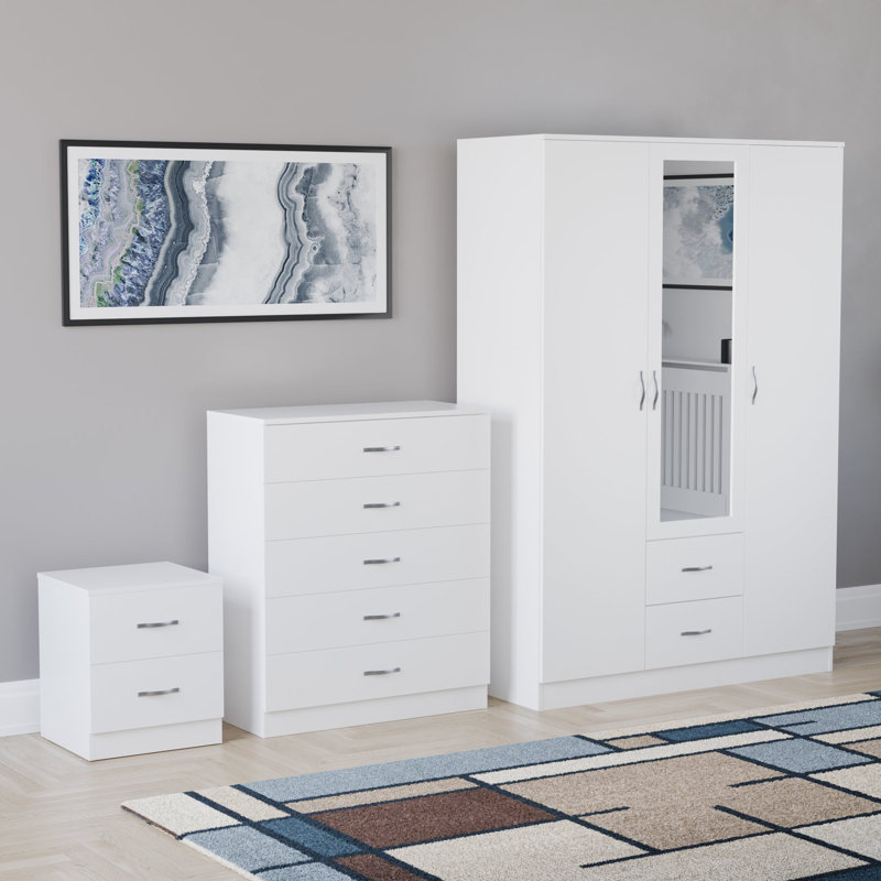 Maybery 3 Piece Bedroom Set (2 Drawer Bedside Chest, 5 Drawer Chest, 3 Door 2 Drawer Mirrored Wardrobe), (5), White