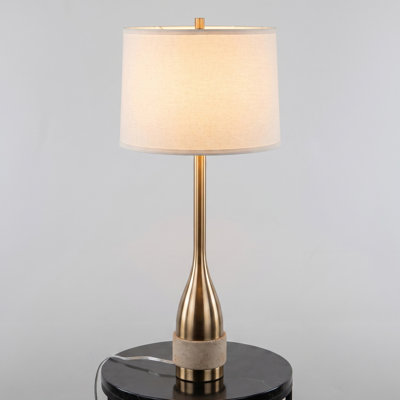 31" Organic Modern Travertine Buffet Table Lamp, Antique Brass Task Lamp with White Linen Shade