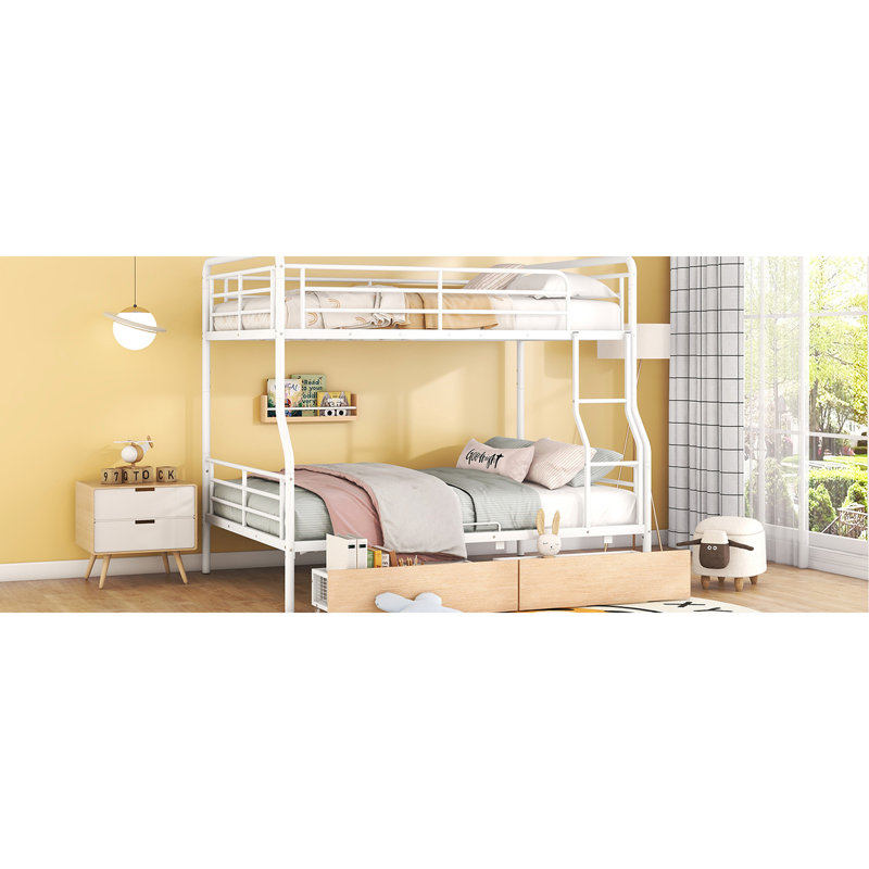 Lit superposé au-dessus de grand lit double en métal blanc avec 2 tiroirs - Style épuré pour les adolescents, coffre-fort en fer