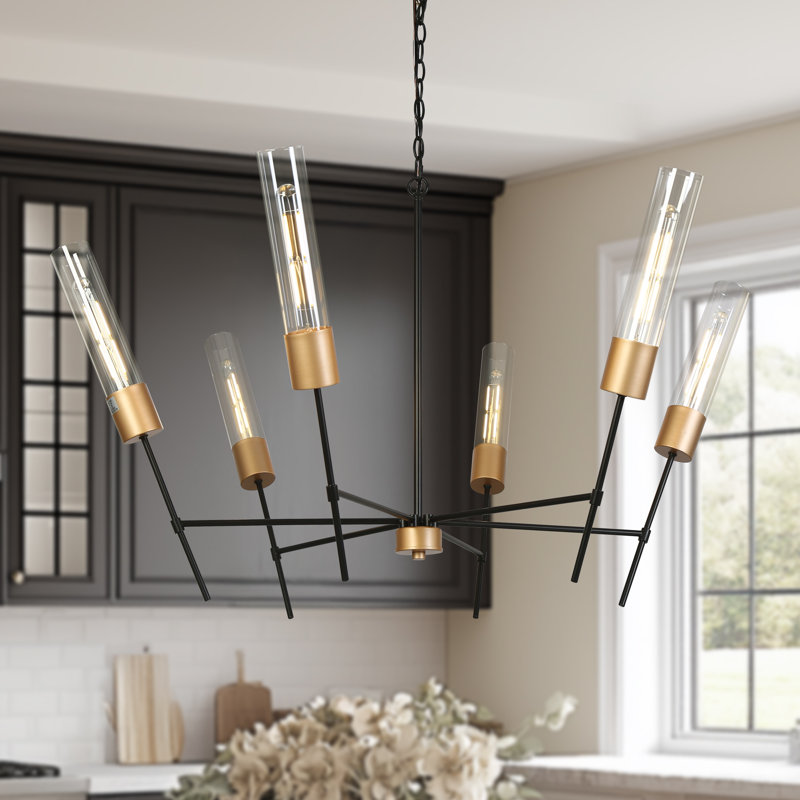 Lustre moderne Sputnik à 6 lumières, or et noir, 111 cm (43,7 po), intensité variable, hauteur réglable de 244 cm (96 po).