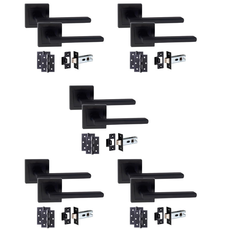  5 Sets Leon Design Straight Door Handles on Square Rose in Matt Black Finish with 1 Pair of 3" Ball Bearing Hinges and Tubular Latch