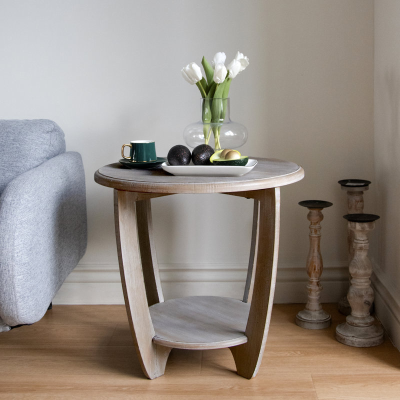 Vintage Grey French Country Round End Table with Storage Shelf
