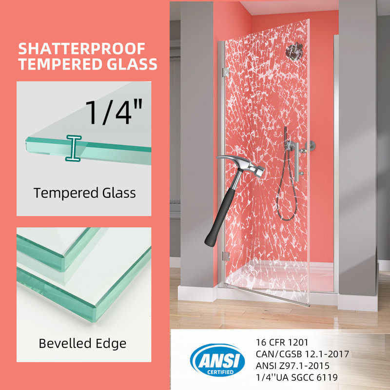 Porte de douche pivotante sans cadre en verre trempé de 30 à 31 1/4 po x H 72 po, Vers la gauche, Chrome
