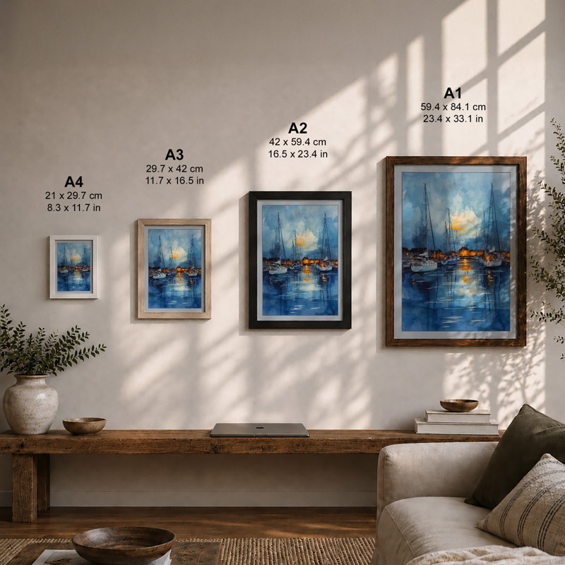 Harbor at Dusk Coastal Framed Print, Black, A3 - 42.0 x 29.7 cm
