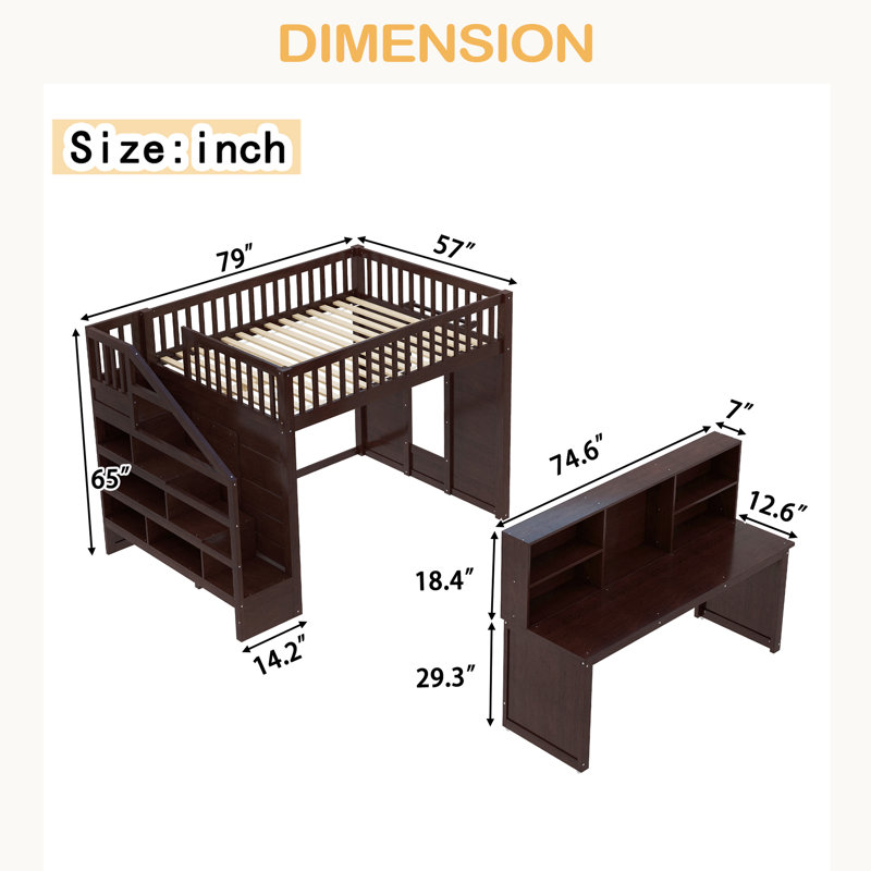 Lit mezzanine avec bureau mobile et tablette de rangement, avec escalier de rangement, Lit double, Espresso