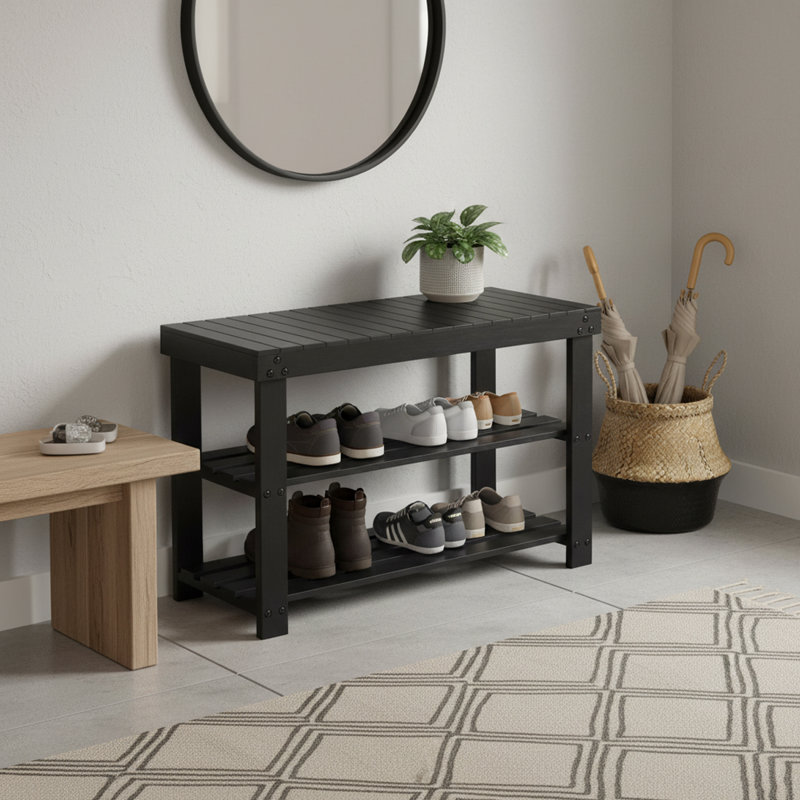 3 Tier Bamboo Shoe Rack Bench for Entryway, Hallway, Black