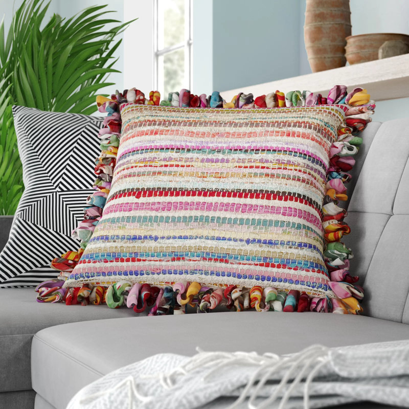 Multicolor Striped Hand-Woven Chindi Floor Pillow, 26" x 26"