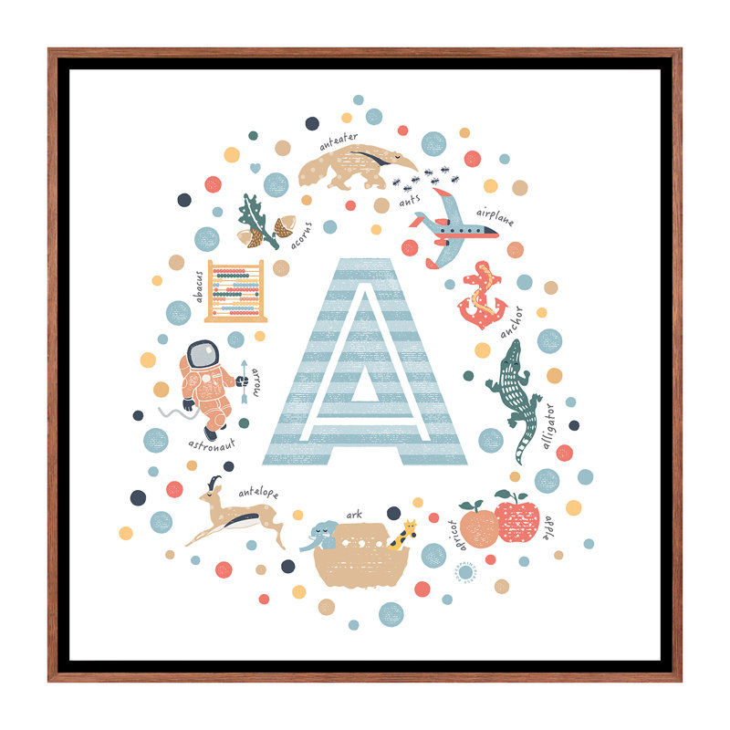 Lettre illustrée A bleue - impression, H 26 po x l 26 po x P 1,5 po, Toile avec cadre brun, Pas de tapis