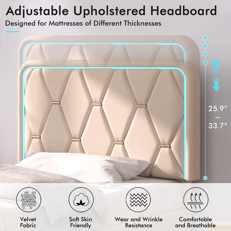 Kaleea 2 Pcs Twin Size LED Platform Bed with Charging Station, Upholstered Bed Frame Set of 2 with LED Lights Adjustable Headboard, Velvet Platform Twin Bed for Boys Girls