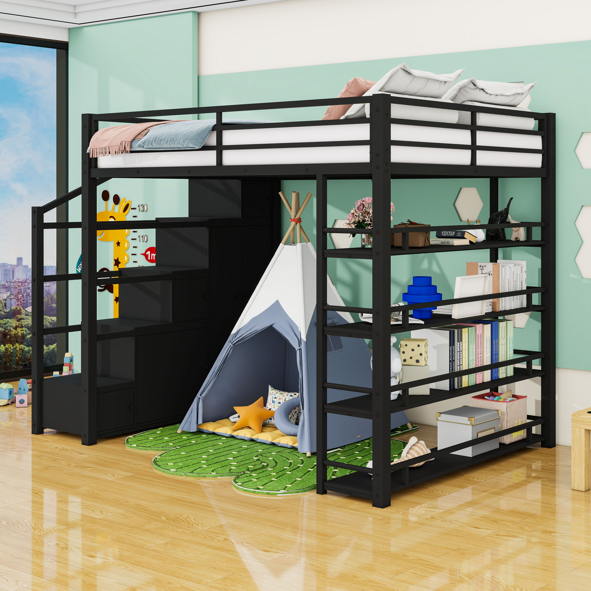 Harriet Bee Queen Size Metal Loft Bed with Built-In Shelves, Wardrobe ...