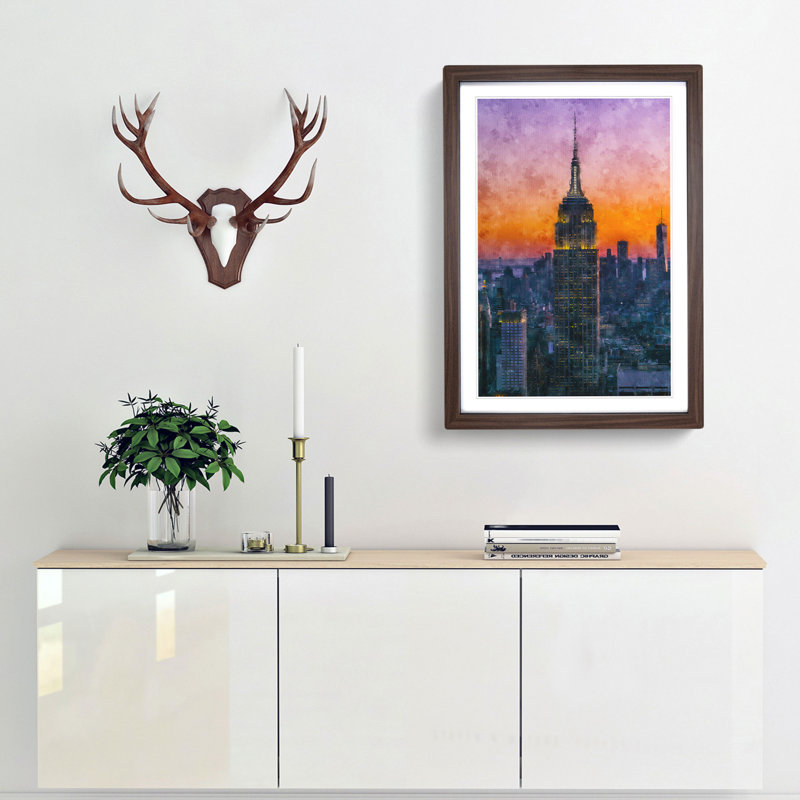 Empire State Building Sunset Framed Print, 33cm H x 24cm W x 2cm D, Walnut Framed