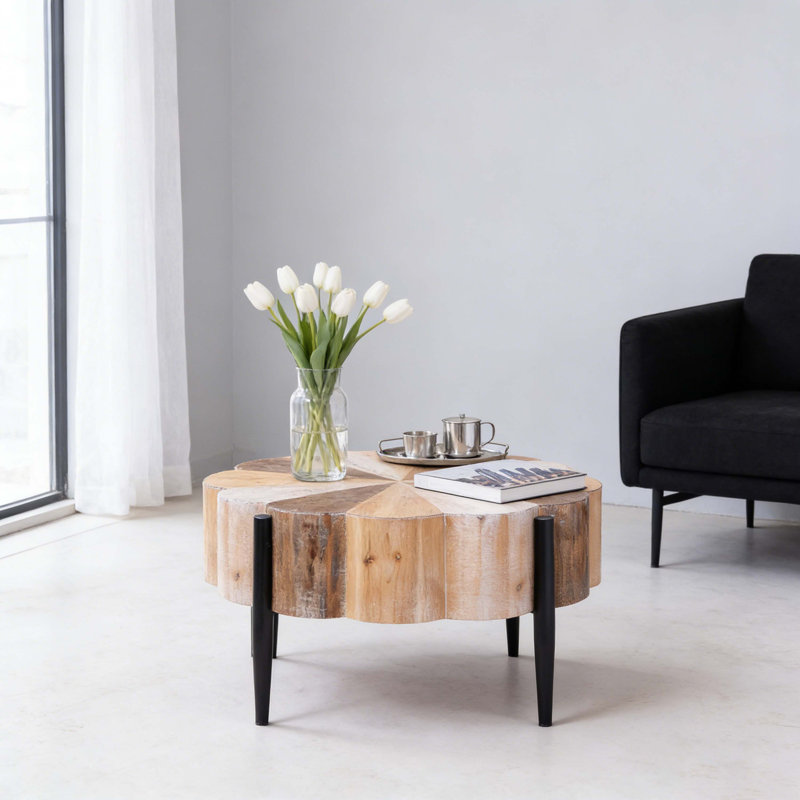 Table basse en forme de fleur avec pieds en métal, table centrale vieillie de 31,7 po de diamètre Flower