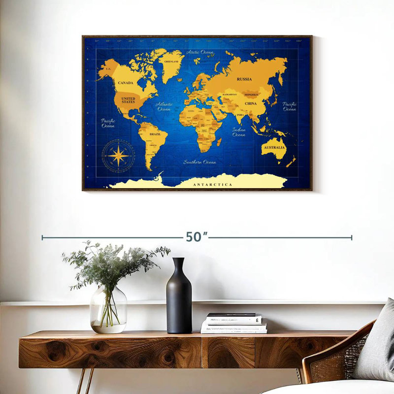 Carte du monde jaune, 37 po x 25 po, Cadre flottant noyer