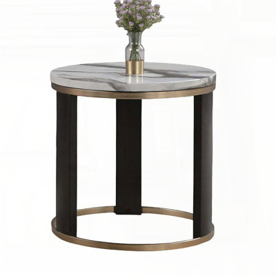 Round Marble Top End Table with Gold Ring Frame and Wooden Legs