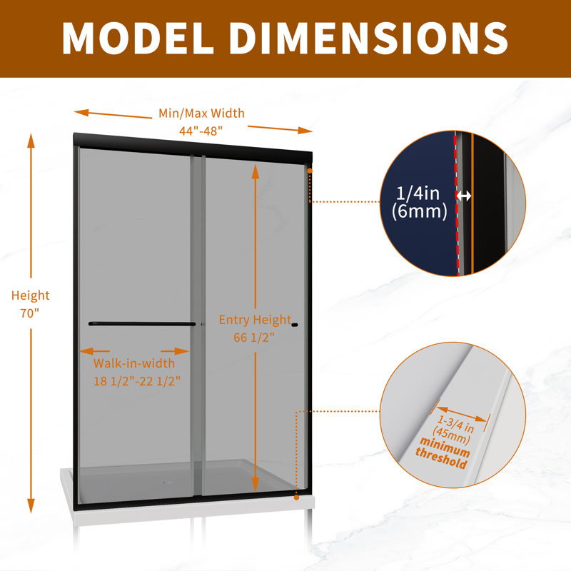 44"–48" W x 70" H Sliding Framed Shower Door with 6mm ANSI Tempered Glass, Gray Tinted Finish.