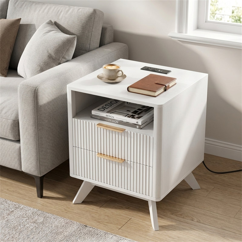 Modern Fluted Nightstand with Charging Station, Brown