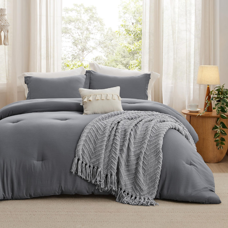Lits dans un sac, ensemble de lit avec édredon, taies décoratives, coussin décoratif, couverture en chenille, Gris