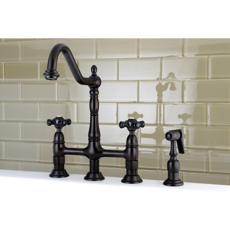 Kingston Brass Duchess Two-Handle 4-Hole Deck Mount Bridge Kitchen Faucet with Brass Side Sprayer, Oil Rubbed Bronze