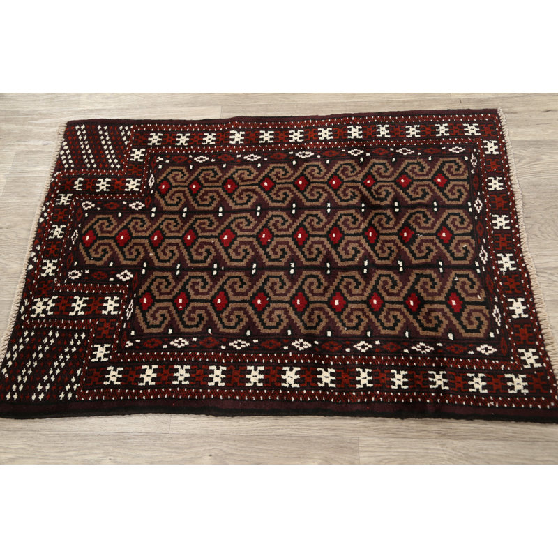 Tapis brun en laine noué à la main de conception unique 2 pi 6 po x 3 pi 7 po