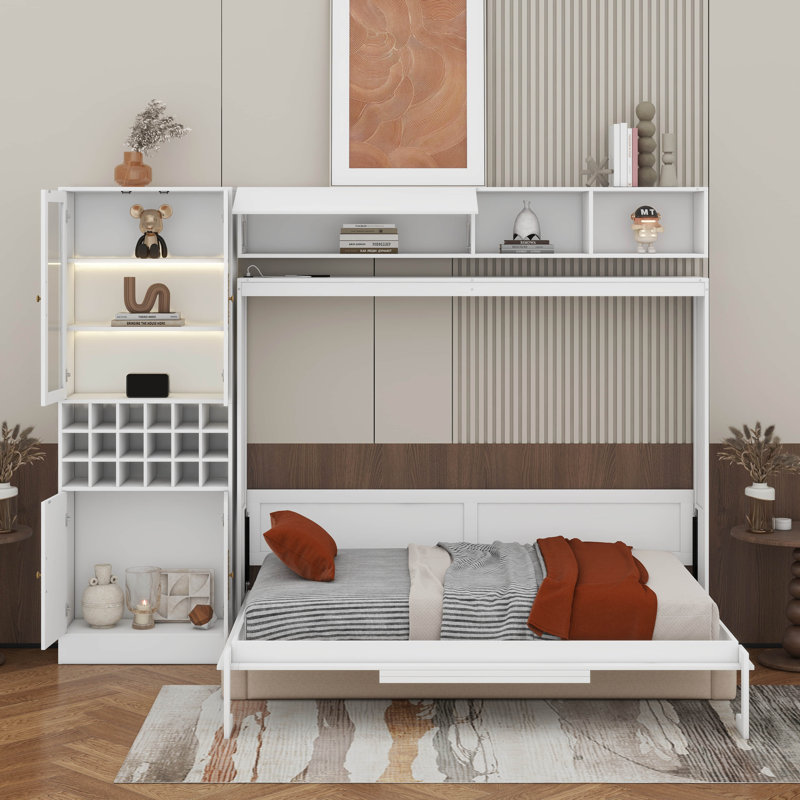 Lit escamotable mural Murphy avec canapé, tablettes, USB et lumière, Blanc, Lit double