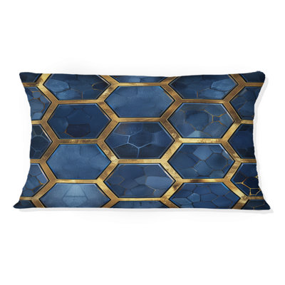 Gold Blue Hexagon Print - Modern Lumbar Pillow