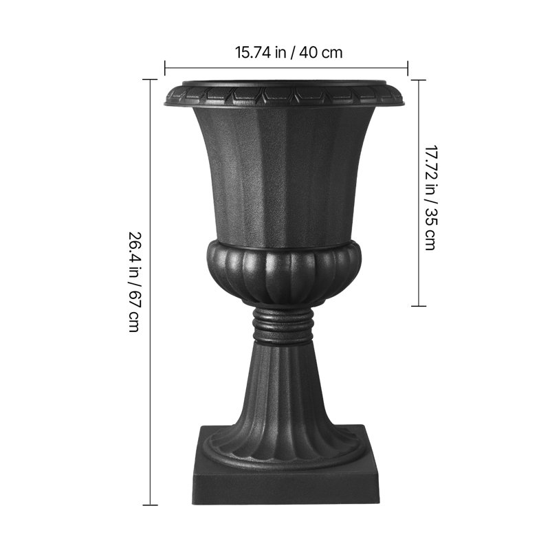 Ensemble de 2 pots de fleurs classiques en plastique noir en forme d'urne - 67 cm de hauteur, avec drainage, pour l'intérieur et l'extérieur, parfaits pour décorer une terrasse, un jardin ou un porche.