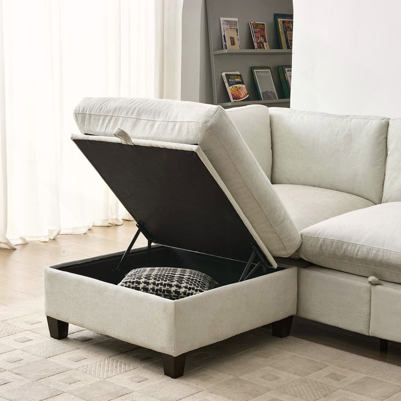 Canapé modulaire 96,5 po pour le salon, canapé rembourré en tissu de chenille doux avec rangement, canapé 3 places avec deux repose-pieds beige