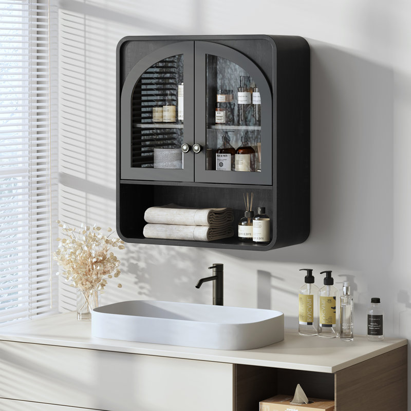 27" H Wall Mounted Bathroom Cabinet, Wooden Medicine Cabinet with Arched Glass Door & Adjustable Shelf, Open Shelf, Hanging Organizer for Living Room, Kitchen, Black