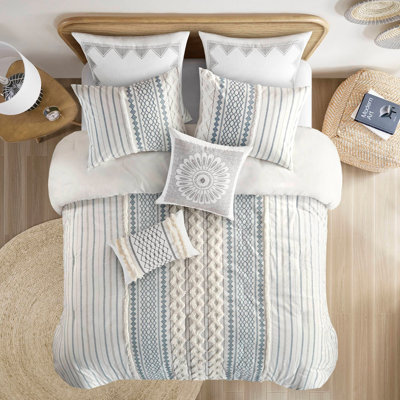 Ensemble d'édredon en coton avec chenille blanc / bleu marine