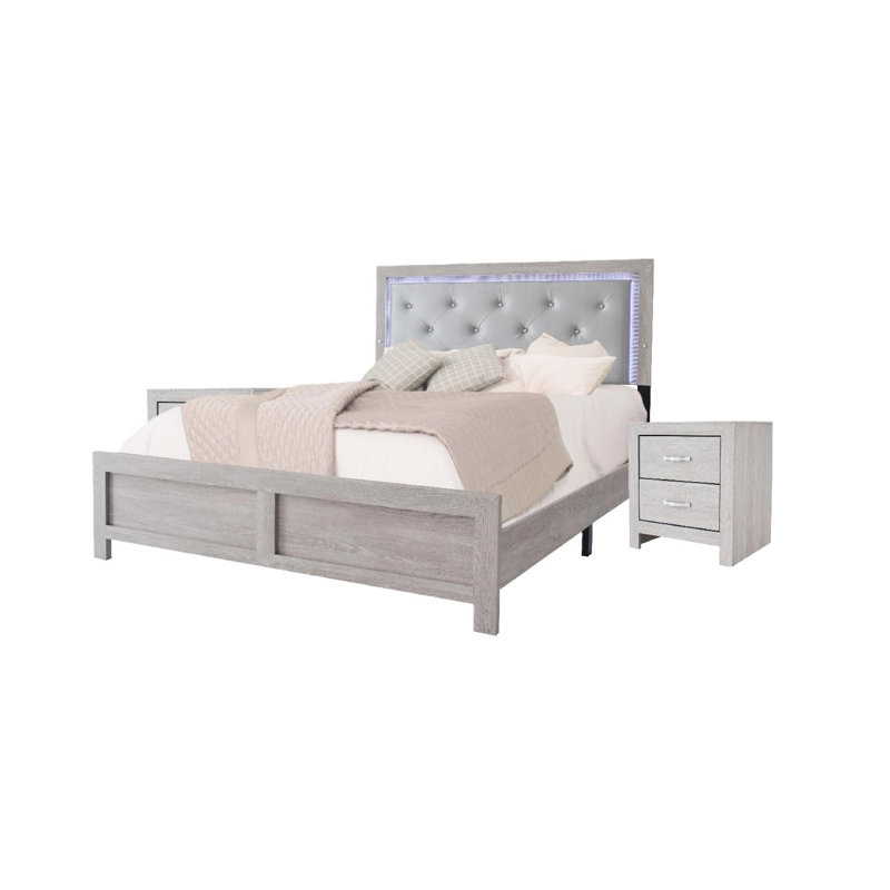 Grand lit tapissier beige en similicuir avec tête de lit à DEL, bouton, tête de lit en bois pour chambre à coucher, cuir, construction robuste