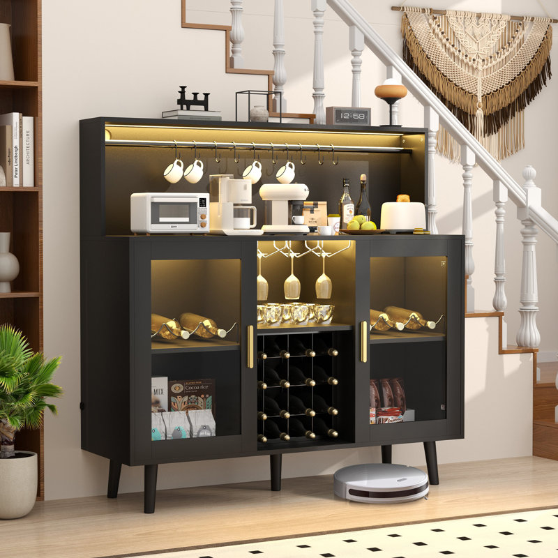 Wine Bar Cabinet With Led Lights, Coffee Bar For Liquor, Alcohol Cabinet W/Glass Rack And Removable Wine Racks, Home Bar Buffet Cabinet W/Storage For Living Room Dining Room Kitchen, Black