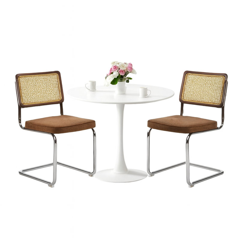 Ensemble de salle à manger rond 3 pièces à économie d'espace 24 po, table avec chaises en rotin, Blanc, Café