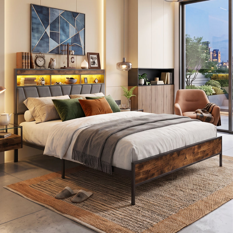 EU Sizes Metal Bed Frame with 2-Tier Storage Headboard & USB Ports, Smart Industrial Bed with App RGB LED, Rustic Brown & Grey, 90/140/160x200cm