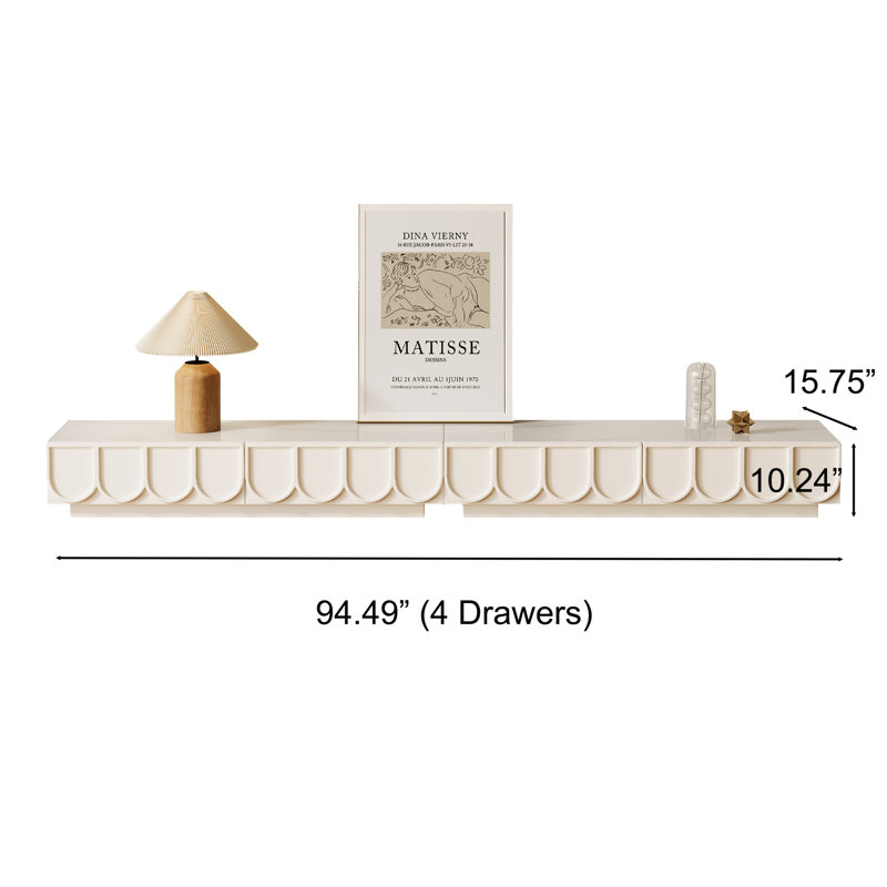 Modern Minimalist TV Stands, Cream Media Console with 4 Drawers, White Glossy Sintered Stone Tabletop, 94.49"